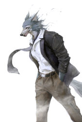 Rule 34 | 1boy, absurdres, beastars, belt, black jacket, brown pants, clenched teeth, collared shirt, dress shirt, feet out of frame, fog, furry, furry male, grey necktie, hands in pockets, highres, jacket, legoshi, long sleeves, looking afar, male focus, necktie, open clothes, open jacket, pants, severed hair, shirt, simple background, solo, teeth, walking, white background, white shirt, wind, wolf boy, zzhenliu