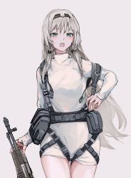 Rule 34 | 1girl, absurdres, an-94, an-94 (girls&#039; frontline), assault rifle, girls&#039; frontline, gun, hand on own hip, harness, headband, highres, lithographica, long hair, rifle, solo, turtleneck, weapon, white background