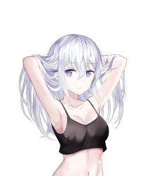 Rule 34 | 1girl, absurdres, armpits, arms behind head, arms up, bare arms, bare shoulders, black shirt, breasts, camisole, cleavage, collarbone, crop top, crop top overhang, frown, hair between eyes, highres, long hair, looking at viewer, medium breasts, midriff, muyang, navel, original, purple eyes, shirt, sidelocks, silver hair, simple background, sleeveless, sleeveless shirt, solo, spaghetti strap, stomach, upper body, white background
