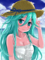 Rule 34 | 10s, 1girl, alternate costume, bad id, bad pixiv id, blue sky, blurry, breasts, casual, cleavage, close-up, cloud, cloudy sky, contemporary, day, depth of field, dress, green eyes, green hair, hair between eyes, hair ornament, hairclip, hat, horizon, jewelry, kantai collection, long hair, looking at viewer, miyako (miyako lplover), ocean, ring, sky, smile, solo, spaghetti strap, straw hat, sun hat, upper body, wedding band, white dress, yamakaze (kancolle)