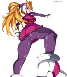 Rule 34 | 1girl, artist name, ass, blonde hair, blue eyes, bodystocking, bodysuit, cameltoe, capcom, ciel (mega man), cleft of venus, covered anus, gloves, gluteal fold, hand on own hip, headgear, high heels, high ponytail, highres, holding, holding clothes, holding skirt, huge ass, long hair, looking at viewer, looking back, mega man (series), mega man zero (series), miniskirt, open mouth, outstretched arm, ponytail, radlionheart, reaching, reaching towards viewer, shoes, signature, skirt, solo, solo focus, text focus, thick thighs, thighs, tight clothes, transparent background, white gloves, wide hips