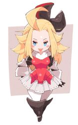 Rule 34 | 1girl, ahoge, black bow, black footwear, blonde hair, blush, blush stickers, boots, bow, bravely default (series), breasts, edea lee, grey background, hair bow, highres, inkerton-kun, long hair, pantyhose, smile, solo, thighs, white background