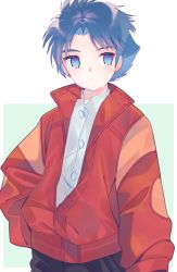 Rule 34 | 1boy, 2y (tsuyu), black pants, blue eyes, blue hair, collared shirt, gundam, gundam f91, hair behind ear, jacket, looking to the side, male focus, pants, parted bangs, red jacket, seabook arno, shirt, sleeves past fingers, sleeves past wrists, solo, white shirt