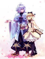 Rule 34 | 1boy, 1girl, :d, ahoge, artoria pendragon (fate), black bow, blonde hair, blue eyes, boots, bow, capelet, cloak, dress, fate/grand order, fate/unlimited codes, fate (series), flower, gloves, hair bow, hair ornament, half-closed eyes, high heels, highres, idk-kun, long hair, looking at another, looking down, merlin (fate), open mouth, pantyhose, ponytail, puffy pants, purple eyes, purple hair, saber lily, short hair, smile, standing, very long hair, walking, white gloves, yellow dress