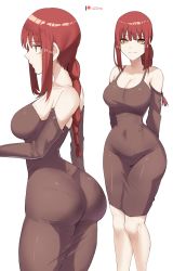Rule 34 | 1girl, ass, braid, braided ponytail, breasts, chainsaw man, cleavage, dress, facing viewer, highres, large breasts, makima (chainsaw man), narrow waist, o22no, pantylines, red hair, simple background, skin tight, white background, wide hips
