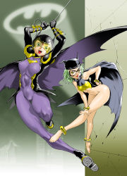 Rule 34 | 2girls, :p, abs, animification, anklet, bare shoulders, barefoot, batgirl, batman (series), batmite, bodysuit, bottomless, bracelet, breasts, cameltoe, cape, covered erect nipples, dc comics, feet, flat chest, genderswap, genderswap (mtf), green eyes, green hair, hat, helmet, jewelry, large breasts, legs, leotard, mask, midriff, multiple girls, muscular, navel, nipples, open mouth, purple bodysuit, see-through, shimotsuki juugo, shoes, skin tight, smile, sneakers, spandex, thighs, tongue, tongue out, unitard, yellow eyes