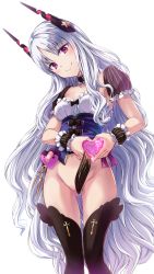 Rule 34 | 1girl, black thighhighs, blush, bow, breasts, caren hortensia, caren hortensia (amor caren), caren hortensia (amor caren) (third ascension), clothing aside, corset, fate/grand order, fate (series), frills, hair ornament, heart, heart hands, highleg, highleg leotard, highres, leotard, leotard aside, long hair, looking at viewer, medium breasts, pink bow, pink eyes, puffy short sleeves, puffy sleeves, short sleeves, smile, terui, thighhighs, thighs, very long hair, wavy hair, white hair, wrist cuffs