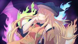 Rule 34 | 1girl, bare shoulders, blonde hair, blue hat, blush, breasts, brown hat, cape, commentary request, constellation, constellation print, detached sleeves, door, energy, flying, gradient background, grey shirt, hair between eyes, hand on own face, hand up, hat, highres, long hair, long sleeves, looking at viewer, matara okina, medium breasts, open door, open mouth, orange cape, orange sleeves, purple background, roundloudness, shirt, sleeveless, sleeveless shirt, solo, tabard, touhou, wide sleeves, yellow eyes
