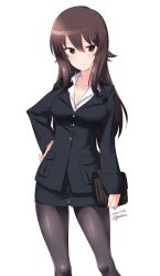 Rule 34 | 1girl, aged up, artist name, black pantyhose, blush, breasts, brown eyes, brown hair, cleavage, closed mouth, collarbone, dated, formal, girls und panzer, hand on own hip, highres, kuzuryuu kennosuke, large breasts, long hair, looking at viewer, microskirt, nishizumi maho, panties, panties under pantyhose, pantyhose, shiny skin, simple background, skirt, smile, solo, standing, suit, underwear, white background, white panties