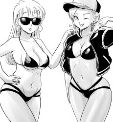 Rule 34 | 2girls, android 18, bikini, breasts, bulma, cleavage, dragonball z, earrings, grin, hat, highres, jacket, jewelry, lipstick, long hair, looking at viewer, makeup, medium breasts, multiple girls, navel, one eye closed, shiny skin, short hair, smile, standing, sunglasses, swimsuit, thighs, wink