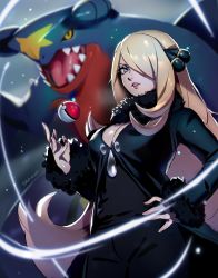 Rule 34 | 1girl, black sclera, blonde hair, blue eyes, breasts, breath, cleavage, cleavage cutout, clothing cutout, colored sclera, creature, creatures (company), cynthia (pokemon), datcravat, dragon, eyelashes, fur-trimmed sleeves, fur trim, game freak, garchomp, gen 4 pokemon, hair ornament, hair over one eye, hand on own hip, highres, light particles, light rays, long eyelashes, long hair, nintendo, parted lips, pink lips, poke ball, poke ball (basic), pokemon, pokemon (creature), pokemon dppt, sharp teeth, teeth, tongue, twitter username, yellow eyes