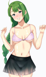 Rule 34 | 1girl, ahoge, bad id, bad twitter id, black skirt, blue eyes, blush, bra, braid, breasts, chirashi (so), green hair, grin, highres, kantai collection, long hair, medium breasts, mole, mole under mouth, panties, pink bra, see-through, simple background, single braid, skirt, smile, solo, topless male, underwear, white background, yuugumo (kancolle)