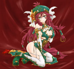 Rule 34 | 1girl, adapted costume, blue eyes, braid, breasts, bridal gauntlets, cleavage, detached sleeves, dress, facial mark, garter straps, green dress, hand on own chest, hat, highres, hong meiling, large breasts, ledjoker07, long hair, looking at viewer, low-tied long hair, red hair, side slit, sitting, solo, star (symbol), thighhighs, touhou, very long hair, white thighhighs