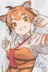 Rule 34 | 1girl, animal ear fluff, animal ears, animal print, antenna hair, arm up, breasts, bright pupils, brown hair, claw pose, collared shirt, don3, elbow gloves, fangs, gloves, grin, hand up, kemono friends, long hair, looking at viewer, medium breasts, multicolored hair, necktie, orange hair, print gloves, shirt, short sleeves, smile, solo, streaked hair, sumatran tiger (kemono friends), tail, taut clothes, teeth, tiger ears, tiger girl, tiger print, tiger tail, upper body, white hair, white pupils, wing collar, yellow eyes
