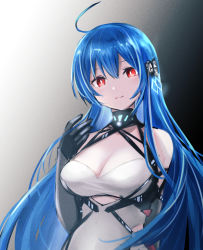 Rule 34 | 1girl, ahoge, azur lane, bare shoulders, black background, black gloves, blue hair, breasts, cleavage, closed mouth, clothing cutout, commentary request, dress, gloves, gradient background, hair between eyes, hand up, helena (azur lane), helena (meta) (azur lane), large breasts, leo (leo ms 888), long hair, looking at viewer, partial commentary, red eyes, searchlight, side cutout, simple background, sleeveless, sleeveless dress, smile, solo, standing, upper body, very long hair, white background, white dress