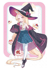 absurdly_long_hair absurdres alternate_costume animal_ear_fluff animal_ears ascot asymmetrical_sidelocks black_coat black_hat block_heels blonde_hair blue_archive blush bow brown_eyes cake cake_slice character_name coat collarbone colored_inner_hat cross_halo extra_ears flower food fox_ears frilled_skirt frills full_body green_skirt hair_bow halo hat hat_bow hat_flower hat_ornament head_tilt high-waist_skirt highres leaning_forward long_hair looking_at_viewer multicolored_footwear open_clothes open_coat oversized_clothes plaid_clothes plaid_skirt plate pointy_footwear red_ascot red_bow red_trim sailor_collar school_uniform seia_(blue_archive) serafuku shirt skirt sleeveless sleeveless_shirt smile star_(symbol) star_hat_ornament strawberry_cake trinity_general_school_logo two-tone_eyes ula_cabbage very_long_hair walking watermark watermark_grid white_bow white_sailor_collar white_shirt witch witch_hat yellow_eyes yellow_halo