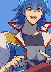 Rule 34 | 1boy, absurdres, blue background, blue hair, blue shirt, box, bruno (yu-gi-oh!), facing viewer, grey eyes, hand up, happy, highres, holding, holding box, jacket, looking to the side, male focus, open clothes, open jacket, open mouth, pointing, pointing to the side, shirt, short hair, simple background, smile, solo, toolbox, white jacket, youko-shima, yu-gi-oh!, yu-gi-oh! 5d&#039;s