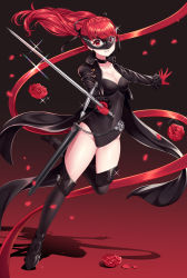 Rule 34 | 1girl, absurdres, black background, black leotard, black ribbon, black thighhighs, breasts, cleavage, collar, collarbone, floating hair, flower, gloves, grin, hair ribbon, highres, holding, holding sword, holding weapon, jacket, leg up, leotard, long hair, looking at viewer, mask, matching hair/eyes, medium breasts, nabekokoa, outstretched arm, persona, persona 5, persona 5 the royal, petals, ponytail, red background, red eyes, red flower, red gloves, red hair, red ribbon, red rose, ribbon, rose, rose petals, smile, solo, sparkle, striped clothes, striped leotard, sword, thighhighs, two-tone background, weapon, yoshizawa kasumi