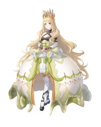 Rule 34 | 1girl, absurdres, artist name, bare shoulders, black footwear, blonde hair, butterfly hair ornament, celine (fire emblem), crown, dress, fire emblem, fire emblem engage, flat chest, full body, green eyes, hair ornament, highres, layered dress, long hair, moja (rainpoow), nintendo, own hands together, smile, solo, very long hair, white background