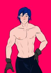 Rule 34 | 1boy, blue hair, blush, booty electric, chrome, crotch, fire emblem, gloves, highres, male focus, nintendo, nipples, topless male, smile, solo, tagme