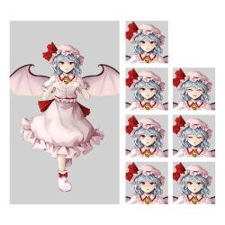 Rule 34 | 1girl, angry, back bow, bat wings, blue hair, blush, border, bow, brooch, character name, closed eyes, closed mouth, collared shirt, commentary request, embodiment of scarlet devil, expression chart, footwear bow, frilled shirt, frilled shirt collar, frilled skirt, frilled sleeves, frills, full body, grey border, happy, hat, hat ribbon, highres, hoshiringo0902, jewelry, lips, mob cap, open mouth, pink footwear, pink hat, pink shirt, pink skirt, puffy short sleeves, puffy sleeves, red bow, red eyes, red ribbon, remilia scarlet, ribbon, sad, shirt, short hair, short sleeves, simple background, skirt, skirt set, smile, solo, standing, surprised, touhou, v-shaped eyebrows, vampire, waist bow, white background, white wings, wings, wrist cuffs