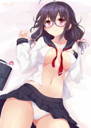 Rule 34 | 10s, 1girl, ahoge, bad id, bad pixiv id, bag charm, bespectacled, breasts, briefcase, charm (object), cleavage, glasses, hair flaps, hair ornament, highres, kantai collection, long hair, low twintails, magatama, medium breasts, panties, pantyshot, purple hair, red eyes, school briefcase, solo, taigei (kancolle), takehana note, twintails, underwear, whale, whale hair ornament, white panties