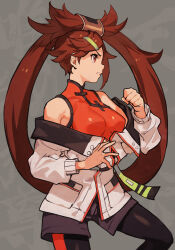 Rule 34 | 1girl, bare shoulders, breasts, brown eyes, brown hair, china dress, chinese clothes, dress, guilty gear, hair ornament, hairclip, hungry clicker, jacket, kunio-kun series, kuradoberi jam, leggings, medium breasts, open clothes, open jacket, river city girls, shorts, solo, twintails