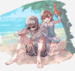 Rule 34 | 1boy, 1girl, accelerator (toaru majutsu no index), adjusting eyewear, age difference, ahoge, albino, bare legs, beach, black choker, blue one-piece swimsuit, blurry, blurry background, brown eyes, brown hair, can, canned coffee, checkered clothes, checkered swimsuit, child, choker, closed mouth, dappled sunlight, drink can, electrodes, flat chest, frown, grey male swimwear, hand on own face, hand up, highres, holding, holding can, holding water gun, hood, hoodie, knees together feet apart, knees up, last order (toaru majutsu no index), looking at viewer, male swimwear, one-piece swimsuit, open mouth, red eyes, reimei (1988), sand, sanpaku, short hair, sitting, smile, sunglasses, sunlight, swimsuit, toaru majutsu no index, tree, water gun, waves, white background, white hair, white hoodie