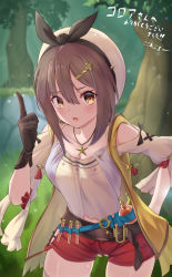 Rule 34 | 1girl, atelier (series), atelier ryza, atelier ryza 1, belt, blush, breasts, brown belt, brown eyes, brown gloves, brown hair, cleavage, cocoablue23, collarbone, forest, gloves, hair between eyes, hair ornament, hairclip, hat, highres, index finger raised, jewelry, looking at viewer, md5 mismatch, medium breasts, nature, necklace, open mouth, red shorts, reisalin stout, resolution mismatch, short hair, short shorts, shorts, solo, source larger, star (symbol), star necklace, test tube, thighs, translation request, tree, white hat