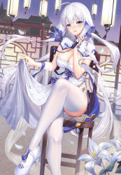 Rule 34 | 1girl, ahoge, architecture, azur lane, blue eyes, breasts, chair, china dress, chinese clothes, cleavage, crossed legs, dress, east asian architecture, floating hair, flower, folded fan, folding fan, hand fan, high heels, highleg, highres, holding, illustrious (azur lane), illustrious (maiden lily&#039;s radiance) (azur lane), lamp, large breasts, lily (flower), long hair, looking at viewer, mole, mole under eye, open mouth, outdoors, pelvic curtain, quad tails, ririko (zhuoyandesailaer), short sleeves, sitting, skindentation, smile, solo, tassel, thighhighs, very long hair, white dress, white flower, white footwear, white hair, white thighhighs