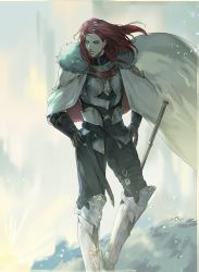 Rule 34 | 1boy, armor, bishounen, black gloves, cloak, closed eyes, fate/grand order, fate (series), full body, fur trim, gloves, knight, long hair, long sleeves, looking to the side, male focus, manly, red hair, solo, tristan (fate), white cloak, yepnean