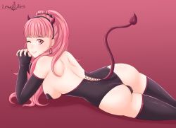 Rule 34 | 1girl, ass, bare shoulders, black thighhighs, blush, breasts, come hither, demon girl, demon tail, earrings, elbow gloves, female focus, fingerless gloves, fire emblem, fire emblem: three houses, gloves, hilda valentine goneril, horns, jewelry, large breasts, leotard, lewdlilies, long hair, looking at viewer, lying, matching hair/eyes, nintendo, on stomach, one eye closed, pink eyes, pink hair, ponytail, shiny clothes, shiny skin, sideboob, smile, solo, tail, thighhighs, thong leotard, wink