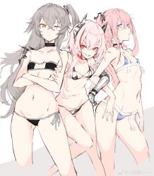 Rule 34 | 3girls, bikini, blue eyes, blush, breasts, choker, contrapposto, cowboy shot, crossed arms, eyepatch bikini, fang, flat chest, from side, girls&#039; frontline, gluteal fold, greyscale, hair between eyes, hand on another&#039;s shoulder, hand on own hip, headgear, locked arms, long hair, looking at viewer, m4 sopmod ii (girls&#039; frontline), monochrome, multicolored hair, multiple girls, navel, one eye closed, one side up, open mouth, parted lips, pink hair, prosthesis, prosthetic arm, red eyes, red hair, scar, scar across eye, scar on face, shanyao jiang tororo, side-tie bikini bottom, sidelocks, silver hair, simple background, small breasts, smile, st ar-15 (girls&#039; frontline), string bikini, swimsuit, thighs, ump45 (girls&#039; frontline), yellow eyes