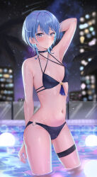Rule 34 | 1girl, absurdres, arm behind head, arm up, bikini, black bikini, black choker, blurry, blurry background, breasts, choker, cowboy shot, highres, hololive, hoshimachi suisei, looking at viewer, navel, night, night sky, parted lips, shinigami kiraki, short hair, sky, small breasts, solo, star (symbol), star in eye, stomach, swimsuit, symbol in eye, thigh strap, virtual youtuber, wading, water, wet