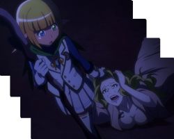 Rule 34 | 1boy, 1girl, blonde hair, blue eyes, breasts, cleavage, grabbing another&#039;s hair, green eyes, heterochromia, highres, hilma cygnaeus, large breasts, long hair, mare bello fiore, overlord (maruyama), stitched, third-party edit