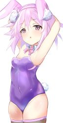 Rule 34 | 1girl, absurdres, armpits, arms behind head, bimmy, bodysuit, breasts, cleavage, collar, covered navel, cuffs, highres, legs, leotard, looking at viewer, neck, neptune (neptunia), neptune (series), open mouth, playboy bunny, purple eyes, purple hair, rabbit ears, ribbon, short hair, small breasts, solo, stretching, thick thighs, thighhighs, thighs