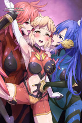 3girls amou_kanade armpits ass blue_bodysuit blue_eyes blue_hair blush bodysuit breasts brown_eyes brown_hair commission covered_erect_nipples fff_threesome gloves groping group_sex hand_in_another&#039;s_panties hand_on_another&#039;s_thigh heavy kazanari_tsubasa large_breasts licking medium_breasts multiple_girls nipple_stimulation nipple_tweak orange_bodysuit red_eyes red_hair saliva senki_zesshou_symphogear signature simple_background skin_tight tachibana_hibiki_(symphogear) teeth threesome uganda_(ugandam_00) upper_teeth_only white_gloves yuri