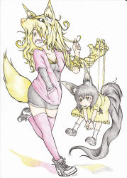 Rule 34 | 2girls, :d, :o, absurdres, animal ears, black dress, black footwear, black hair, blonde hair, blush, colored shadow, commentary request, doitsuken, dress, fangs, fox ears, fox tail, hand in pocket, highres, long sleeves, looking at another, looking at viewer, marionette, multiple girls, open mouth, original, parted lips, prehensile hair, puppet, purple legwear, shadow, shoes, short dress, smile, sneakers, socks, standing, standing on one leg, tail, thighhighs, white legwear, yellow dress, yellow eyes, zettai ryouiki