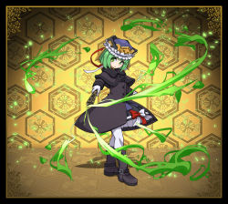 Rule 34 | 1girl, adapted costume, black coat, boots, capelet, coat, gloves, green eyes, green hair, hat, hat ribbon, long sleeves, looking at viewer, matching hair/eyes, pantyhose, ribbon, rod of remorse, shiki eiki, skirt, solo, touhou, umigarasu (kitsune1963), white gloves, white pantyhose, winter clothes