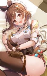 Rule 34 | 1girl, :d, atelier (series), atelier ryza, atelier ryza 3, beret, black choker, black hairband, black ribbon, blush, bracelet, braid, breast pocket, breasts, brown eyes, brown gloves, brown hair, brown thighhighs, choker, cleavage, clothing cutout, collared shirt, commentary, cowboy shot, crown braid, earrings, glint, gloves, hair ornament, hair ribbon, hairband, hairclip, hat, jewelry, looking at viewer, lying, medium breasts, medium hair, necklace, omuretsu, on bed, on side, open mouth, pocket, pouch, red shorts, reisalin stout, ribbon, shirt, short shorts, shorts, shoulder cutout, single glove, single hair intake, smile, solo, thigh pouch, thigh strap, thighhighs, thighs, underbust, white headwear, white shirt, wing collar, x hair ornament