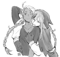 Rule 34 | 2girls, animal ears, arm up, artist name, braid, braiding hair, collar tug, collarbone, dlanon, fire emblem, fire emblem fates, gloves, greyscale, hairdressing, hand on head, hood, hug, hug from behind, long hair, looking at viewer, monochrome, multiple girls, nina (fire emblem), nintendo, one eye closed, teeth, tongue, tongue out, twintails, velouria (fire emblem), very long hair, wolf ears