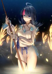 Rule 34 | 1girl, ahoge, bare shoulders, black hair, blue eyes, blue ribbon, breasts, closed mouth, collarbone, dress, fate/grand order, fate/requiem, fate (series), fundoshi, highres, japanese clothes, jewelry, lake, long sleeves, looking at viewer, magatama, magatama hair ornament, medium breasts, medium hair, multicolored hair, necklace, night, night sky, pelvic curtain, pink hair, polearm, puffy long sleeves, puffy sleeves, ribbon, seigaiha, short dress, sideboob, sideless outfit, sky, smile, solo, spear, spica (starlitworks), standing, streaked hair, thighs, utsumi erice, wading, water, weapon, white dress