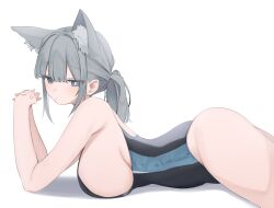 Rule 34 | 1girl, absurdres, animal ear fluff, animal ears, ass, blue archive, blush, breasts, competition swimsuit, extra ears, grey hair, highres, interlocked fingers, large breasts, looking at viewer, looking to the side, lying, mismatched pupils, official alternate costume, on stomach, one-piece swimsuit, own hands together, ponytail, shiroko (blue archive), shiroko (swimsuit) (blue archive), sideboob, sidelocks, simple background, solo, swimsuit, terano naa, two-tone one-piece swimsuit, white background, wolf ears