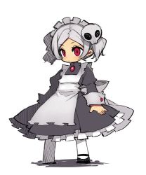 Rule 34 | 1girl, apron, bad id, bad nicoseiga id, black dress, black footwear, bloody marie (skullgirls), dress, frilled apron, frills, full body, hair ornament, hungr, long sleeves, maid apron, maid headdress, mary janes, pantyhose, red eyes, shoes, short hair, silver hair, simple background, skull, skull hair ornament, skullgirls, solo, standing, twintails, white pantyhose