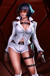 Rule 34 | 1girl, bad id, bad tumblr id, black hair, breasts, brown-tinted eyewear, capcom, cleavage, devil may cry (series), gloves, holster, jewelry, lady (devil may cry), large breasts, legs, lips, looking at viewer, necklace, optionaltypo, parted lips, rimless eyewear, scar, short hair, shorts, solo, standing, sunglasses, thigh holster, thigh strap, tinted eyewear