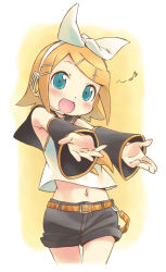 Rule 34 | 1girl, :d, ascot, belt, blonde hair, blue eyes, blush, detached sleeves, hair ornament, hair ribbon, hairpin, headset, kagamine rin, kanzaki hiro, midriff, music, musical note, navel, open mouth, outstretched arms, quaver, ribbon, sailor collar, shorts, simple background, singing, smile, solo, vocaloid