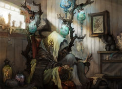 Rule 34 | 1girl, bad id, bad pixiv id, book, candle, cat, coin, cross, elf, fairy, hong yun ji, hood, in container, intravenous drip, mini person, minigirl, old, old woman, original, pointy ears, portrait (object), room, scarf, sitting, solo, witch