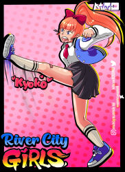 Rule 34 | 1girl, bandaid, blue eyes, bow, highres, jacket, kicking, kunio-kun series, kyoko (kunio-kun), long hair, long sleeves, micke, necktie, orange hair, ponytail, red bow, river city girls, school uniform, shoes, skirt, socks