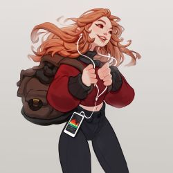 Rule 34 | 1girl, backpack, bag, black pants, black sweater, cable, cellphone, commentary, earbuds, earphones, english commentary, highres, ilse harting, lips, lipstick, listening to music, long hair, makeup, messy hair, midriff, mouth hold, multicolored clothes, multicolored sweater, navel, nose, orange hair, original, pants, phone, red eyes, red sweater, ribbed sweater, smartphone, solo, standing, straw (stalk), sweater, thick eyebrows, turtleneck, turtleneck sweater, yoga pants