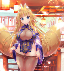 Rule 34 | 1girl, animal ears, bare shoulders, blonde hair, blue eyes, blunt bangs, braid, breasts, china dress, chinese clothes, cleavage, cleavage cutout, clothes pull, clothing cutout, curvy, dress, female focus, fox ears, fox girl, fox tail, grey pantyhose, hair bun, highres, indoors, large breasts, long hair, looking at viewer, miyano ururu, multiple tails, no panties, original, pantyhose, restaurant, single hair bun, smile, solo, standing, tail, thick thighs, thighs, twin braids, two tails, undressing, wide hips